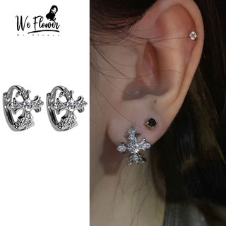 WeFlower ที่สง่างามส925เงินส่องแสงคริสตัลข้ามห่วงต่างหูสําหรับผู้หญิงสาวเจาะเพทายหูวงกลมเครื่องประดับ