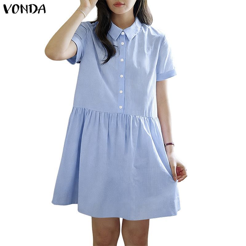 VONDA ผู้หญิงเกาหลีลําลองลายเสื้อคอปกจีบ Ruffle Hem หลวมชุดสั้น