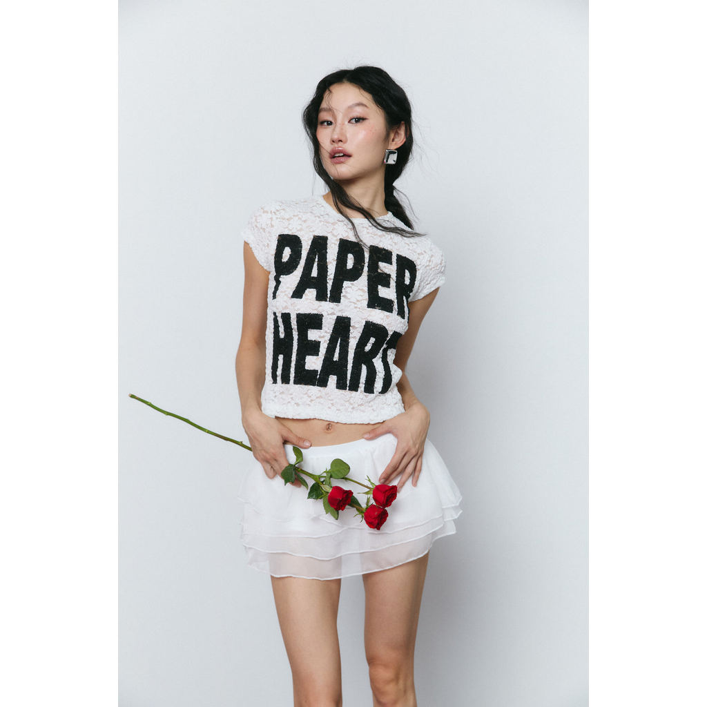 Piccoro - Paper Heart Lace Tee เสื้อยืดผ้าลูกไม้สกรีนคำ