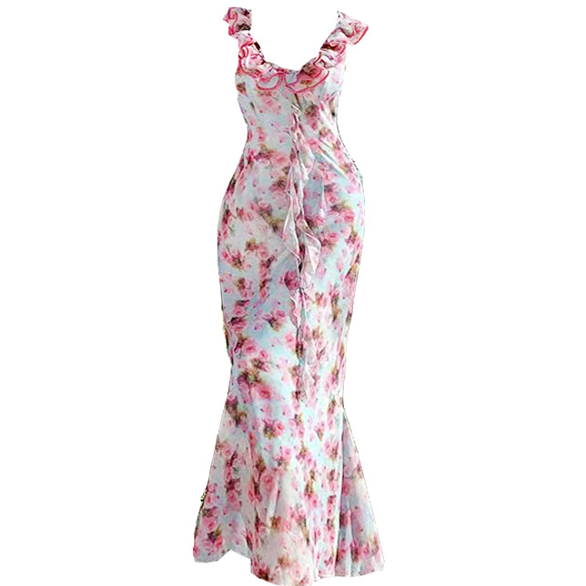 TCH ฝรั่งเศส Twilight Rose V คอเอวแคบเซ็กซี่ Slimmer ดูชุดดอกไม้ Island วันหยุดสไตล์ Fishtail กระโปร
