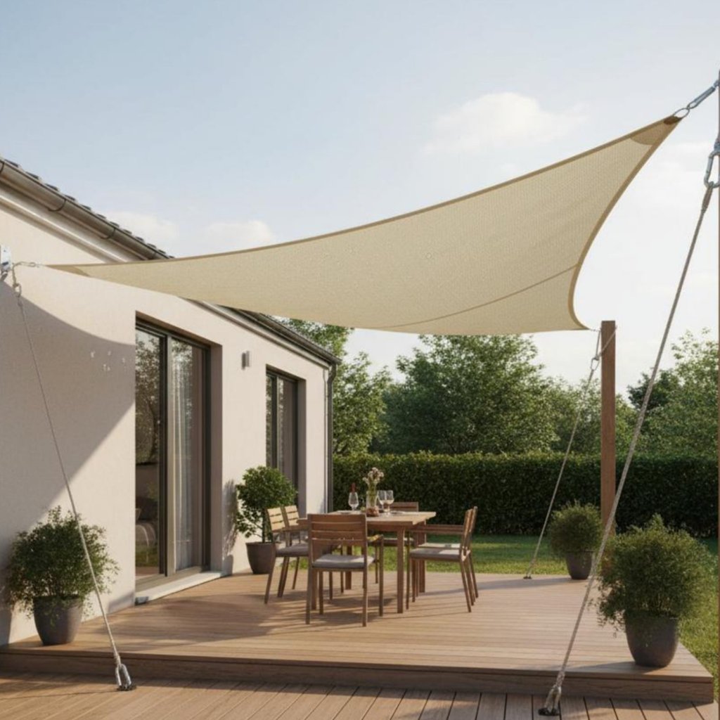 420D วัสดุ Oxford สามเหลี่ยม Sun Shade Sail Block Sun Shade Sail ติดทนนานสําหรับ Backyard