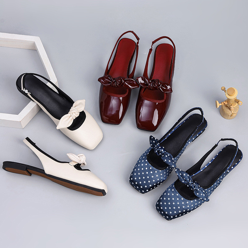 Flat single shoes with square toe, fashionable bowknot, shallow-cut single shoes