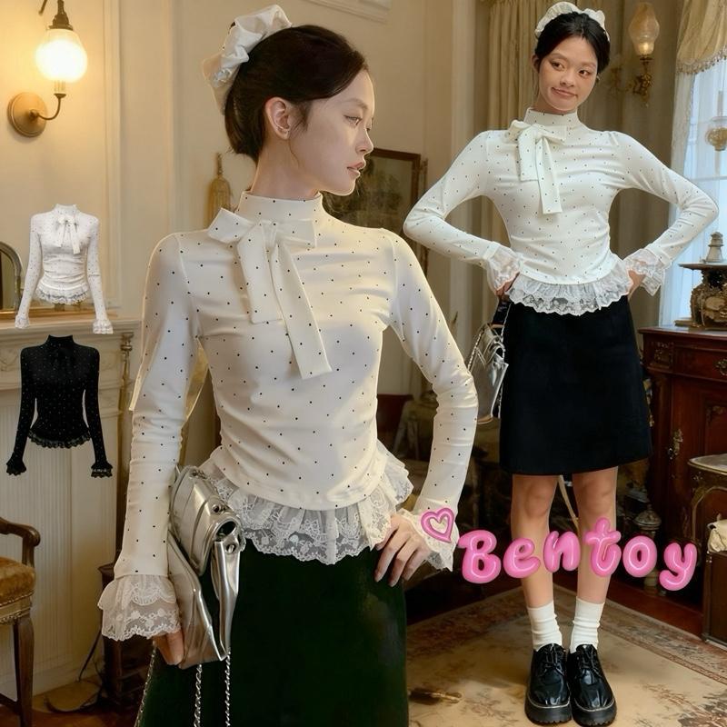 Bentoy พร้อมส่งในไทย 5568 เสื้อยืดแขนยาวลายจุด แต่งปลายลูกไม้ polkadots ติดโบว์หน้าไหล่ น่ารักมาก – โปรปัง
