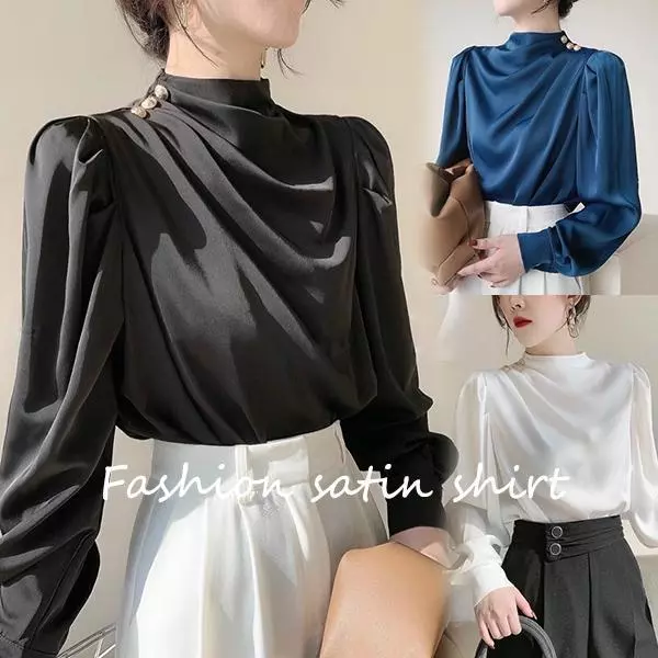 mimi&didi#เสื้อเชิ้ตแขนยาวผ้าไหมสีขาว คอปกตั้ง ทรงเข้ารูป หรูหรา สง่างาม และดูเป็นผู้ใหญ่ สีพื้นเรียบ#99307