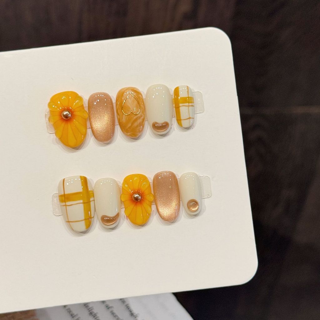 5in1 Toolkit + HADMADEกดบนเล็บ Orange Blossom Cat Eye มือวาดลายสก๊อต Phototherapy เล็บปลอมเล็บเทียมนํากลับมาใช้ใหม่ได้