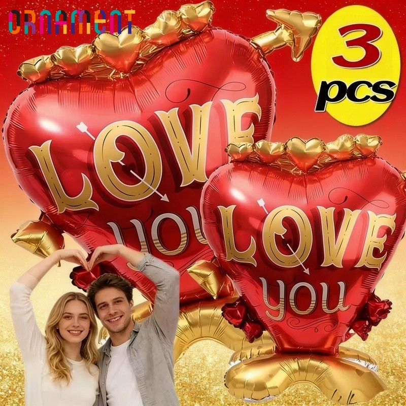 [H&L]บอลลูนยืนอลูมิเนียมฟอยล์ทนทาน 1/2/3 ชิ้น - ดีไซน์หัวใจ "LOVE YOU" ของวาเลนไทน์, ป้องกันการรั่วซ