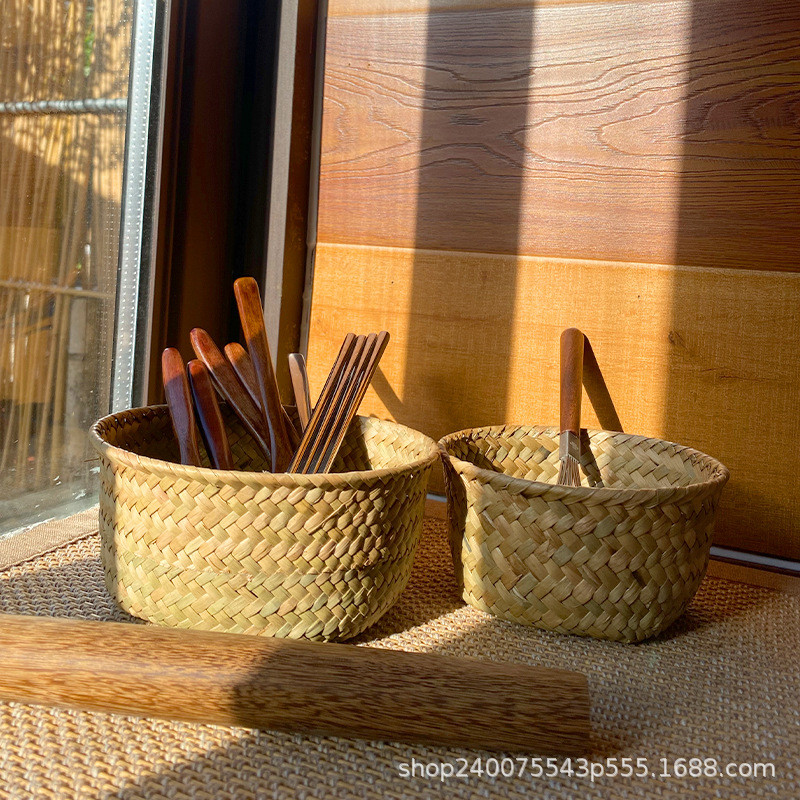 ทําด้วยมือสาหร่ายทอตะกร้าเก็บสก์ท็อปตะกร้าเก็บห้องครัวรอบหวายจิปาถะสไตล์อภิบาลตะกร้าเก็บ2025.1122