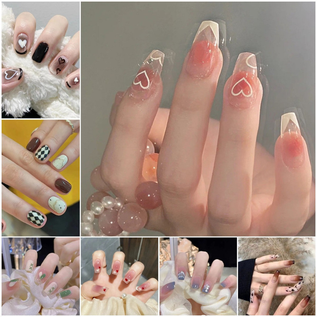 เล็บปลอม แบบยาว พร้อมกาวเจลลี่ สไตล์ฝรั่งเศส มี 24 ชิ้น