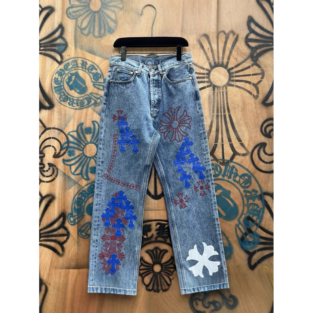 L7GL Chrome Hearts Cross Leather Patchwork Sanskrit Straight Cargo Jeans Men