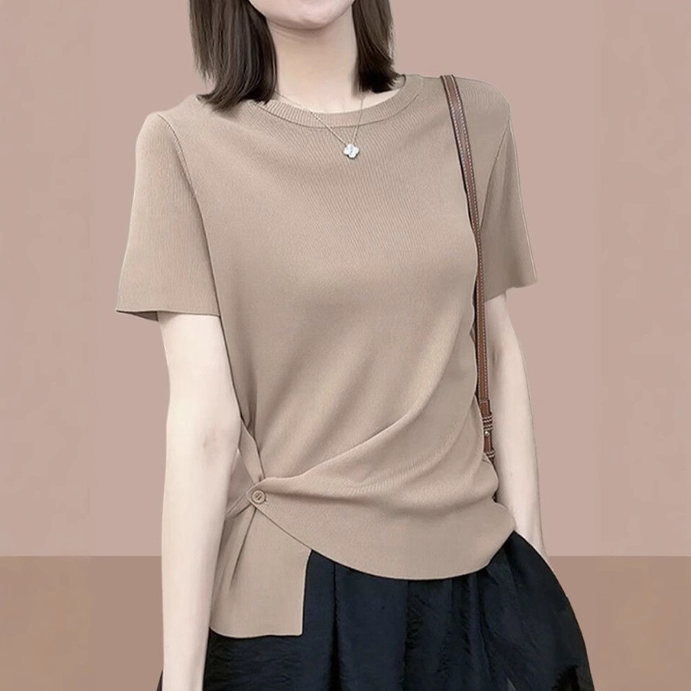 0 Design Casual All-Matchรอบคอไหล่อย่างเป็นทางการไม่สม่ําเสมอเสื้อยืดแขนสั้นสุภาพสตรี 512p25