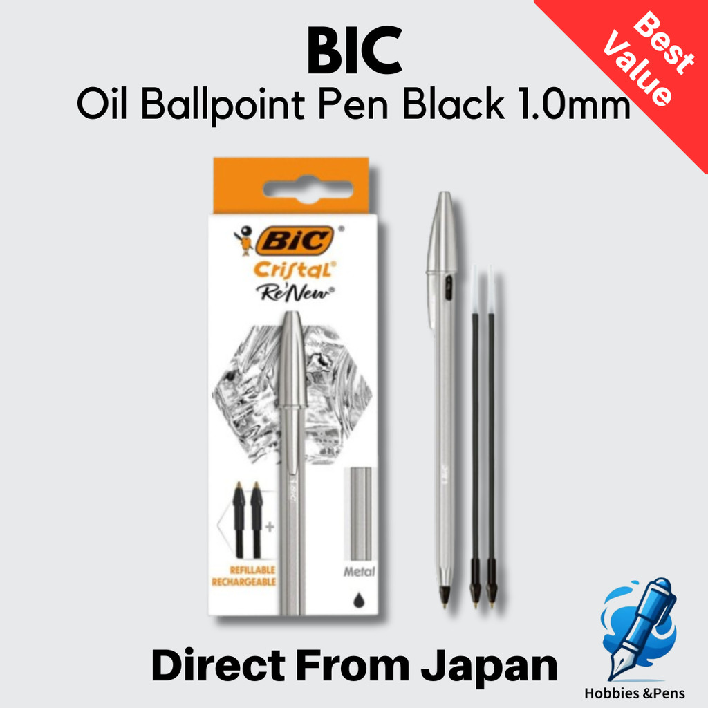 ปากกาบอลพอยต์ Bic Japan Crystal Re'New 1.0 สีดำ พร้อมกล่อง+ไส้สำรอง 2 แท่ง CRBLK-3P