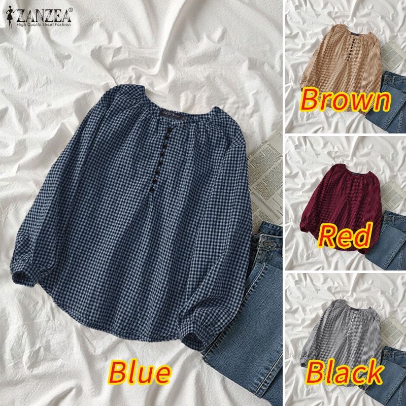ZANZEA ผู้หญิงเกาหลีวินเทจลําลองคอกลมแขนโคมไฟออกแบบปุ่มจีบเสื้อลายตารางหมากรุก — صورة 3