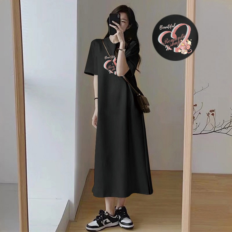 เสื้อยืดแขนสั้นผู้หญิง สไตล์เกาหลียอดฮิต ทันสมัย พิมพ์กราฟิกสวยงาม พร้อมกระโปรงกลางยาว