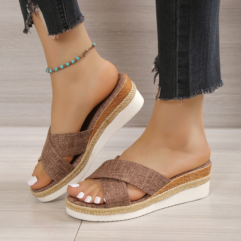 Plus Size Women Platform Wedge Cross Belt Peep - toe Slippers