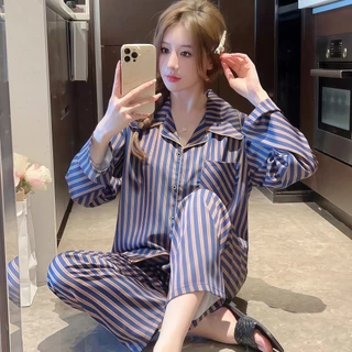 SLEEPWEAR FACTORY ชุดนอนผู้หญิง ชุดนอนขายาว ชุดนอนลายทาง สไตล์หรูหรา ใส่สบาย 💘 อก 38-42 นิ้ว พร้อมส่ง W038