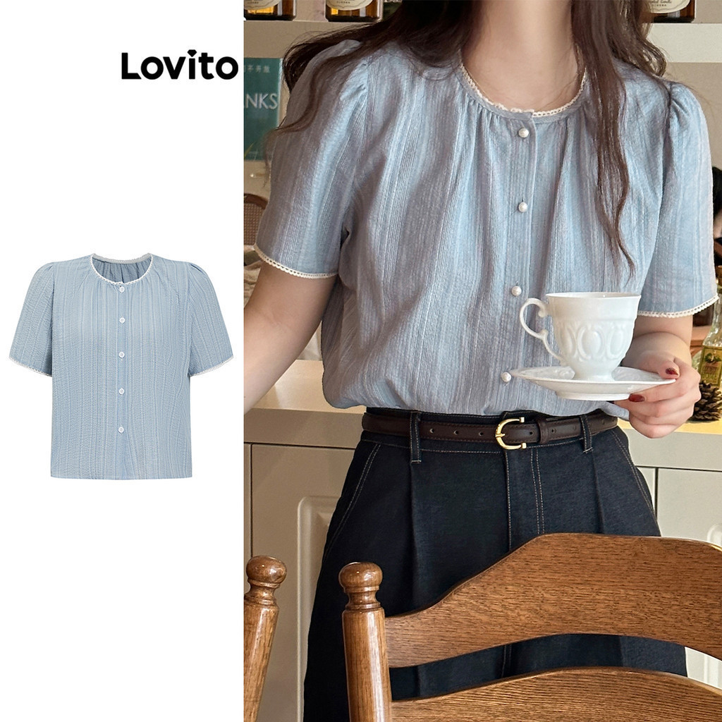 Lovito เสื้อเบลาส์ผู้หญิง กระดุมหน้า สีพื้น สไตล์ลำลอง L99ED673