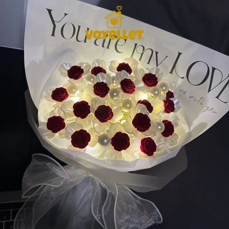 ของขวัญวันวาเลนไทน์ DIY กุหลาบมุกเทียมพร้อมชุดทำ LED ชุดงานฝีมือช่อกุหลาบแดง 52 ดอกVoyellet - รูปที่ 5