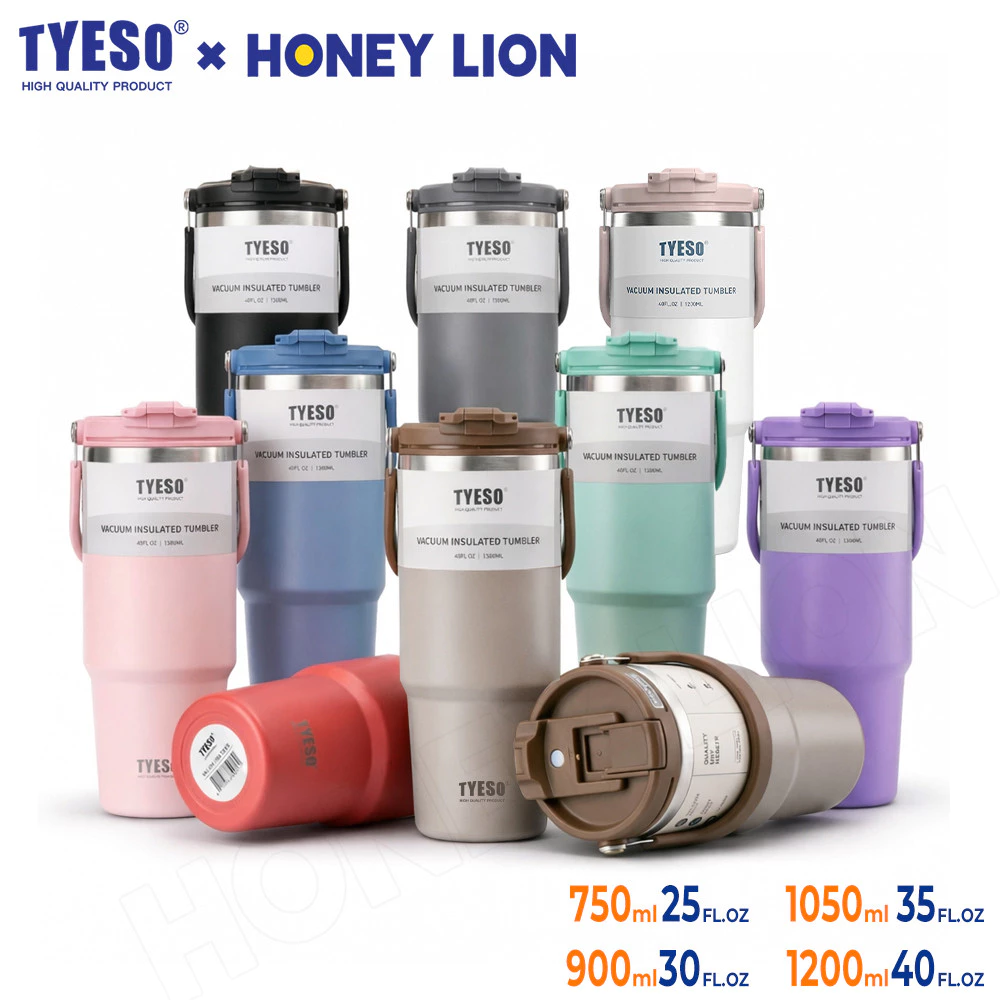 TYESO x HoneyLion แก้วเก็บความเย็น 24 ชม. 304 Stainless 600-1200ml ฝา 2 แบบ (หลอด+ยกดื่ม) กันรั่ว 100% วางในรถได้ทุกขนาด - 01-01022/23/24/25/26