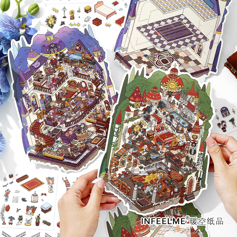 Idako [My Cabin No. 24 Series] 2.5D 4 ชิ้นขนาดใหญ่สติกเกอร์ภูมิทัศน์ปราสาทก่อสร้าง SS796