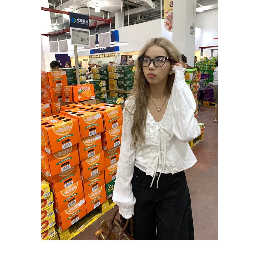 เสื้อแขนยาวสไตล์ฝรั่งเศสสำหรับผู้หญิง หวาน คอวี สบายๆ ในฤดูใบไม้ร่วงและฤดูหนาว - รูปที่ 6