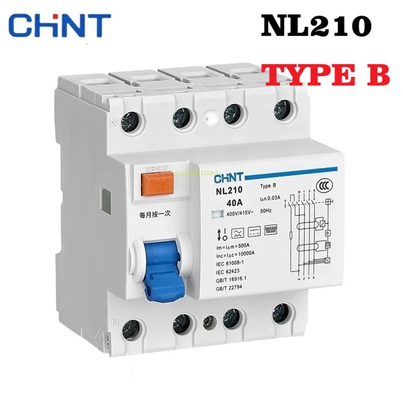 CHINT TpyeB เบรกเกอร์ป้องกันการรั่วไหล NL210 B ประเภทพลังงานใหม่ 2P 4P RCCB RCBO ป้องกันวงจร DC Tpye B