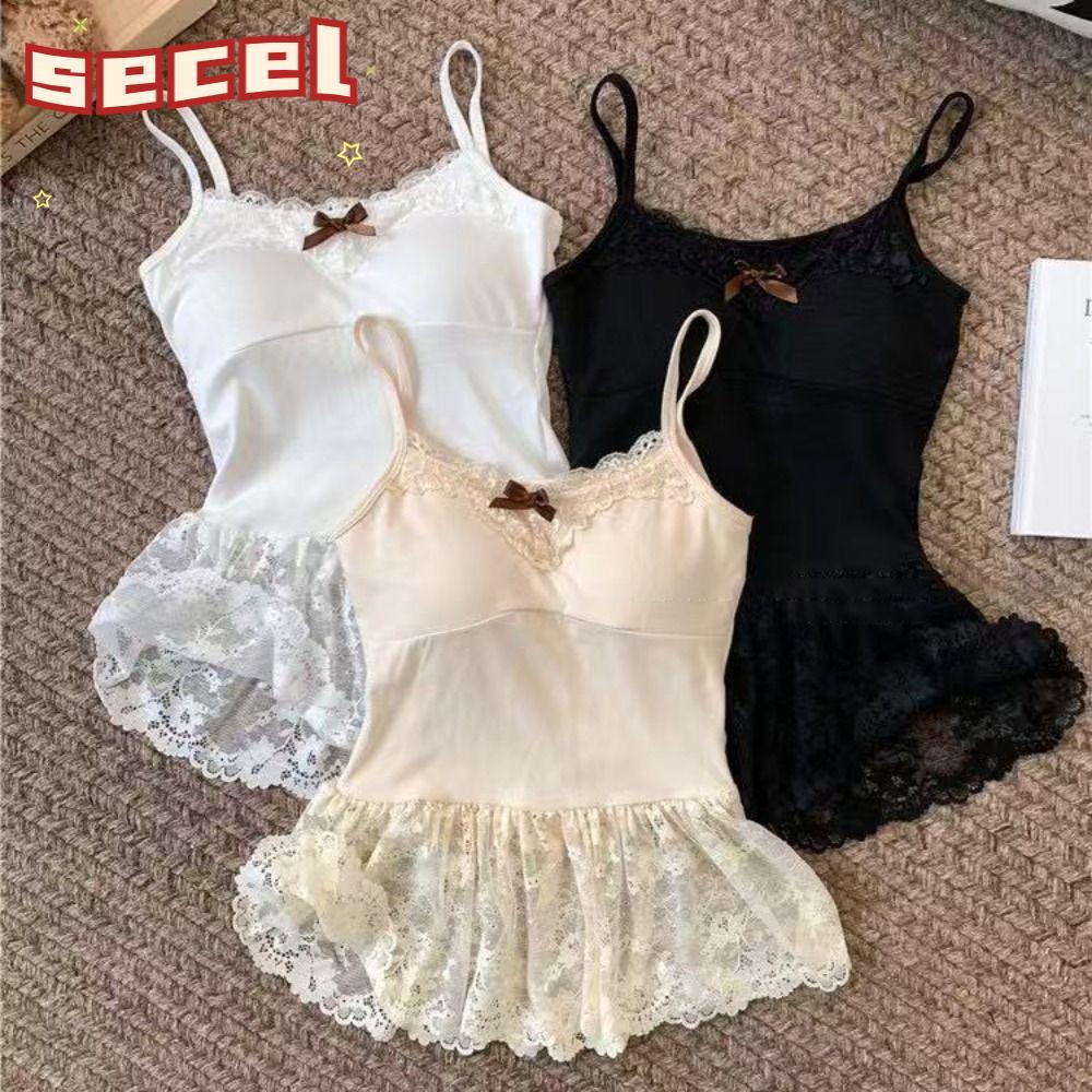 SECEL Crop Top ผ้าฝ้ายระบายอากาศลายลูกไม้ สำหรับวันพักผ่อนที่ชายหาด มาพร้อมแผ่นรองหน้าอก