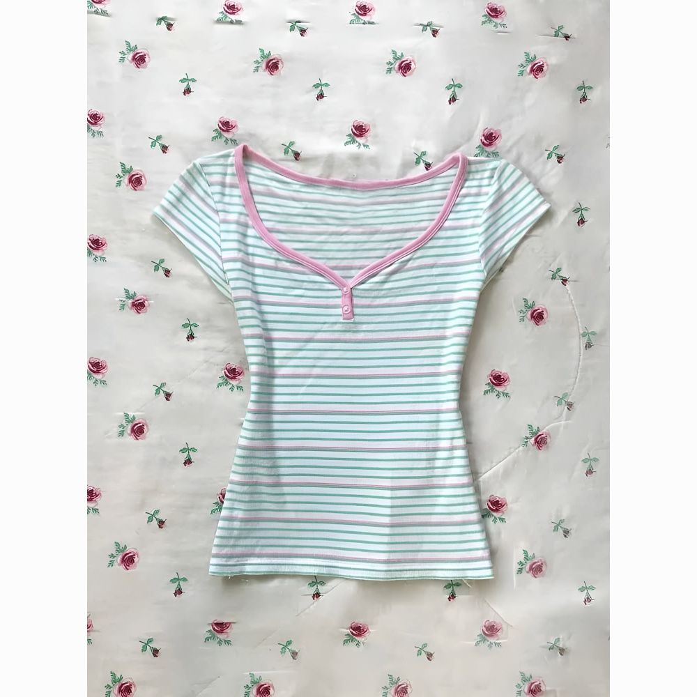 ผู้หญิงฤดูร้อนลาย V คอปุ่ม Contrast สีแขนสั้นเสื้อยืด Slim Fit Top