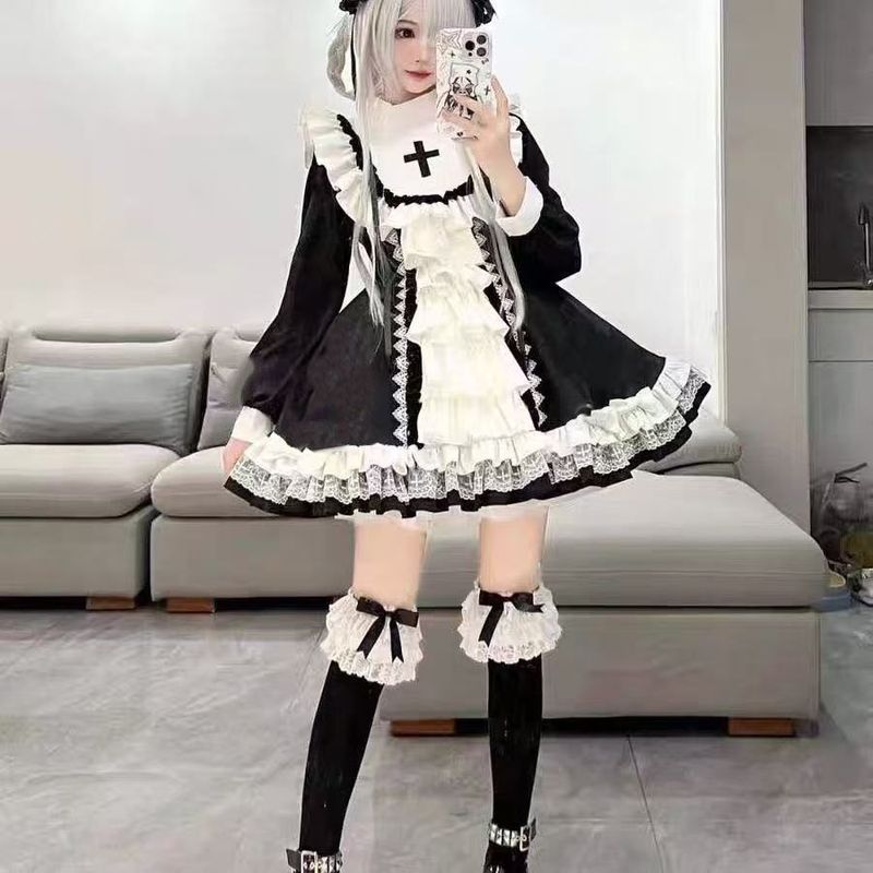 哥特修女风lolita连衣裙洛丽塔甜酷蓬蓬圣诞节公主裙黑白&蓝白款4.6Gothic Nun-style Lolita Dress, Sweet and Cool Lolita Puffy Chris