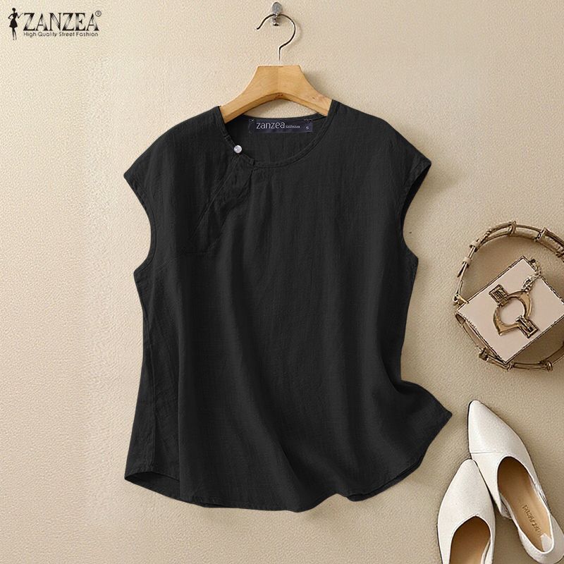 ZANZEA เสื้อเบลาส์เรียบง่ายสไตล์เกาหลีของผู้หญิงทุกวันลําลอง O คอแขนกุดสีทึบ — صورة 5