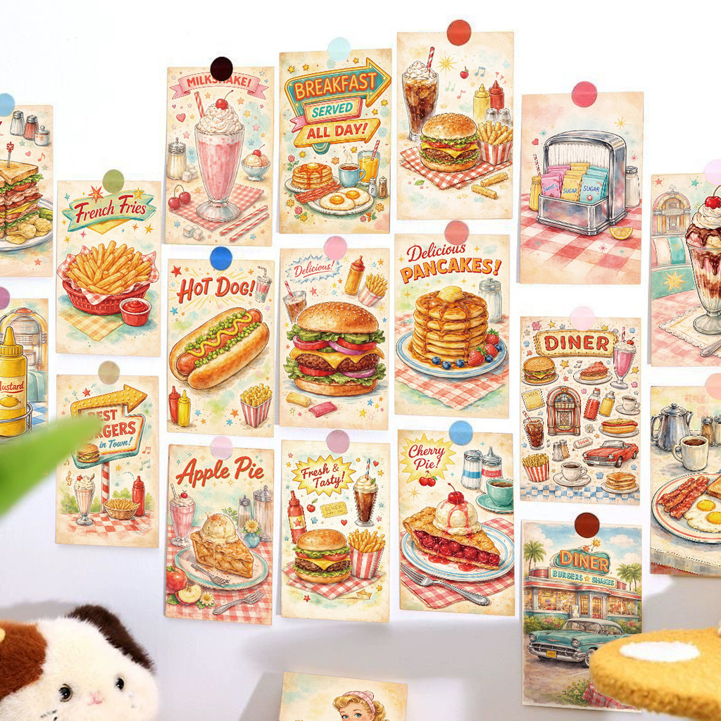 20 ชิ้น Retro American Diner ชุดโปสการ์ดอาหาร | วินเทจความงามตกแต่งผนัง | กระดาษคราฟท์พิมพ์สําหรับตกแต่งห้องสมุดการ์ดอวยพร ทําเอง | เบอร์เกอร์และขนมหวานน่ารัก