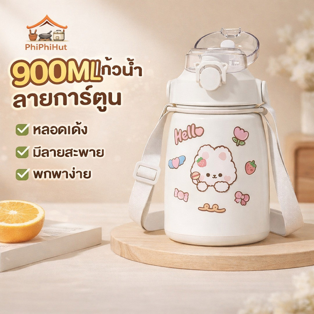 PPH แก้วน้ำลายการ์ตูน เกรด 304 หลอดยางยืดมีหูหิ้ว 900ML กระติ๊กน้ำเก็บอุณหภูมิร้อน