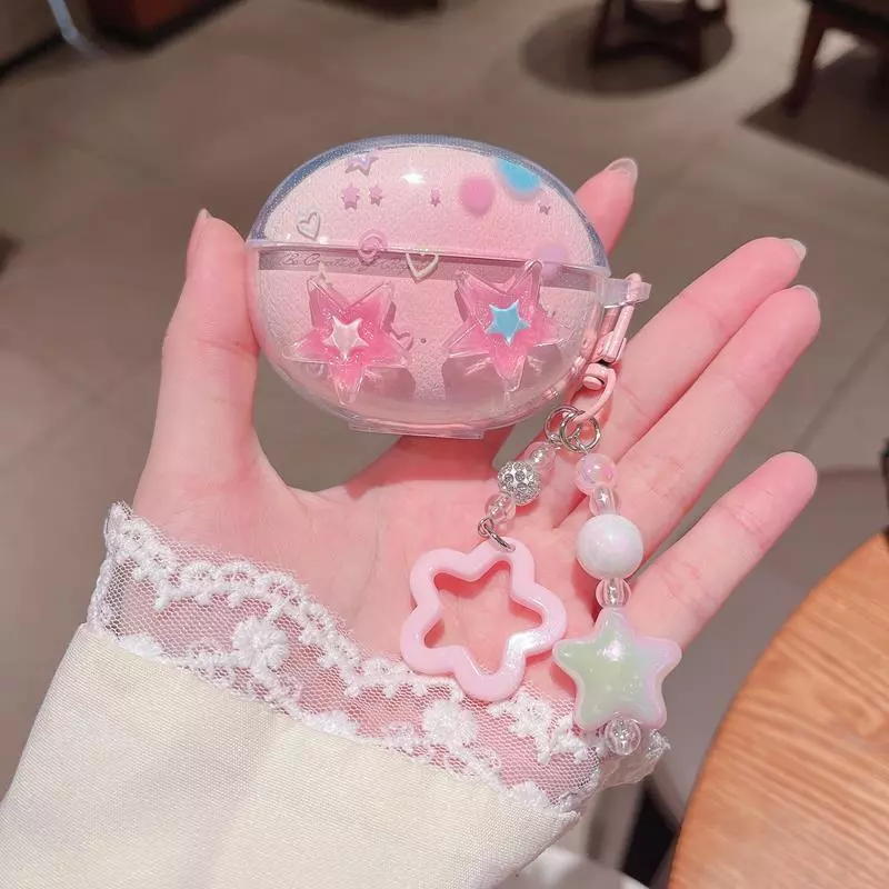 Stock ReadyCase สําหรับ QCY C50 การ์ตูน Star และดอกไม้ TPU โปร่งใสนุ่มหูฟังฝาครอบป้องกันพร้อมตะขอ