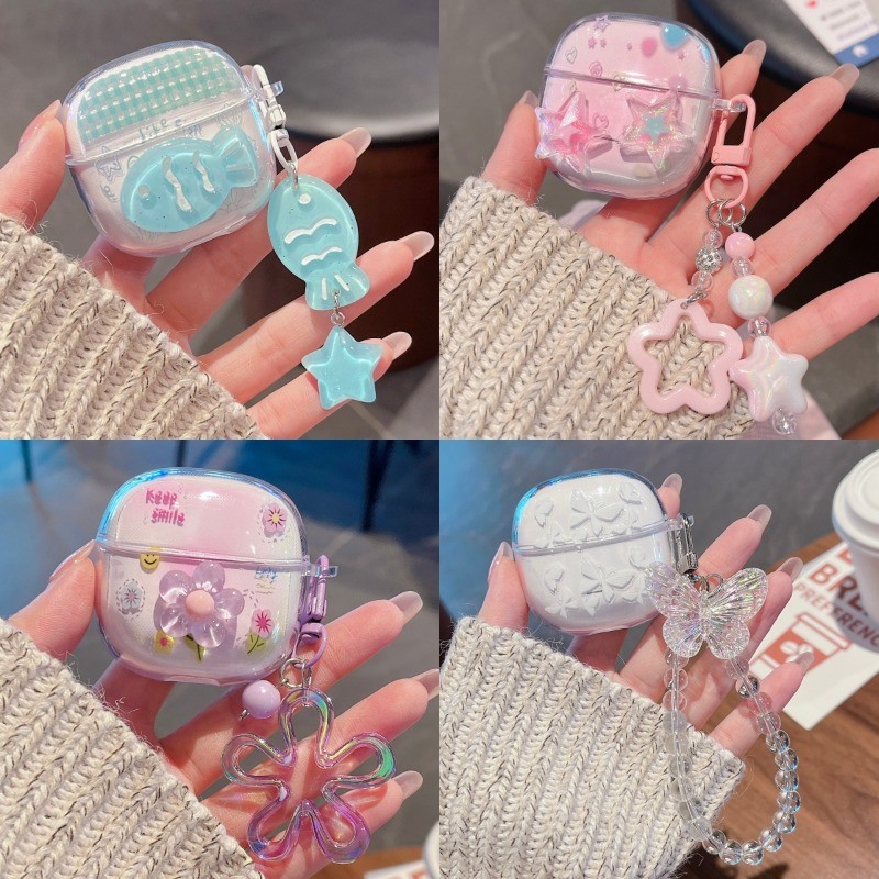 สําหรับ Redmi Buds 8 Active 2026 Clear Soft Case น่ารัก 3D ผีเสื้อปลาหูฟังฝาครอบป้องกันพร้อมจี้สร้อยข้อมือ Funda