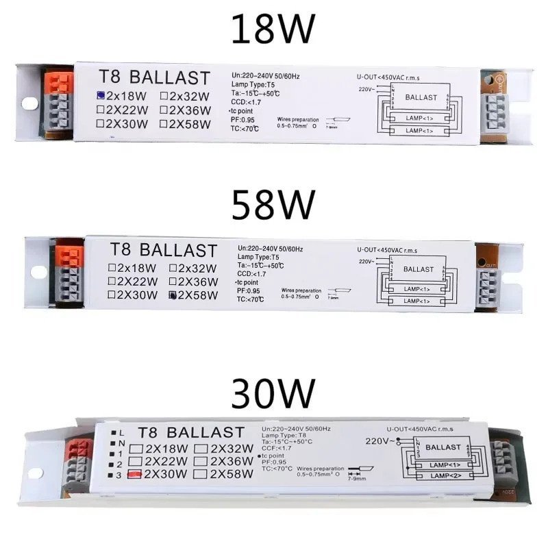 220-240V AC 2x18W/2x30W/2x58W/2x36W/1x36W แรงดันไฟฟ้ากว้าง T8 บัลลาสต์อิเล็กทรอนิกส์หลอดฟลูออเรสเซนต