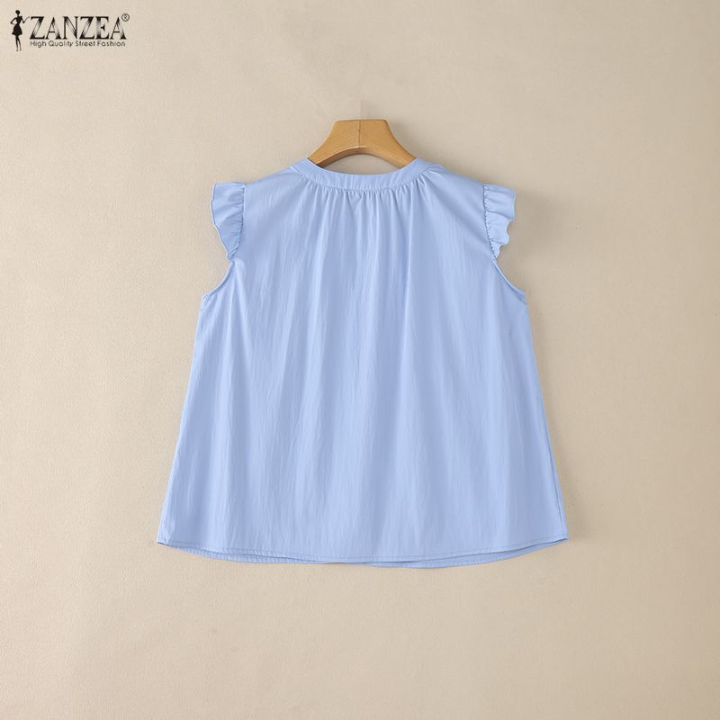 ZANZEA สไตล์เกาหลีเสื้อแขนปูกะพันสำหรับผู้หญิง ดีไซน์ปลอกคอดีเทลด้วย pleats ทรงหลวม สไตล์ A-line เหมาะสำหรับฤดูร้อน — صورة 8
