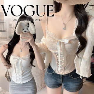 Vogue🌟พร้อมส่ง🌟 เสื้อสายเดี่ยวรัดรูป ทรงคอเซ็ต ผ้าลูกไม้ดีเทลผูกโบว์ มีฟองน้ำ (FY10187)