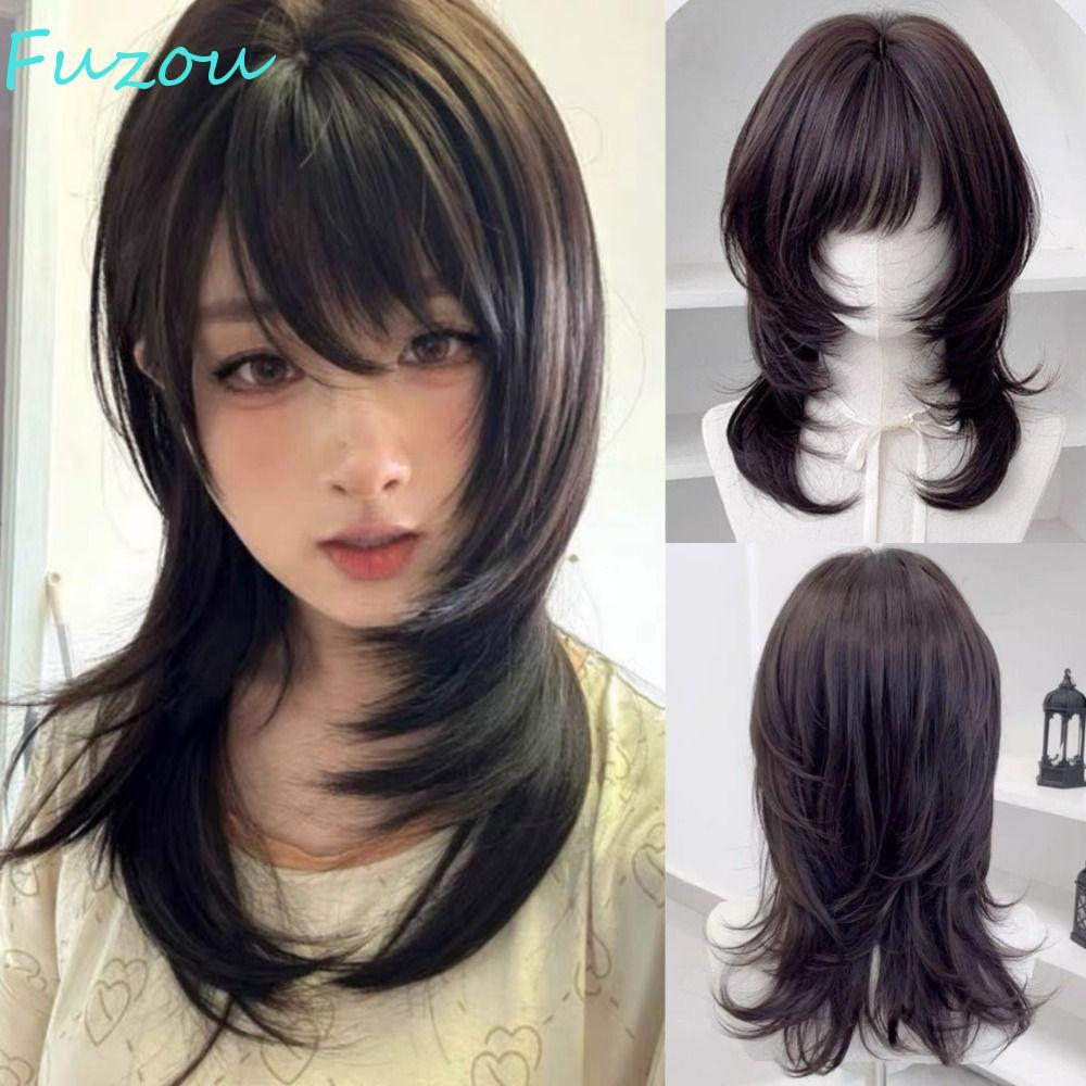 FUZOU แมงกะพรุนวิกผม Bangs, สังเคราะห์สีน้ําตาลสีดําขนาดกลางตรง Layered วิกผม, น่ารัก Mullet ตัดผม H