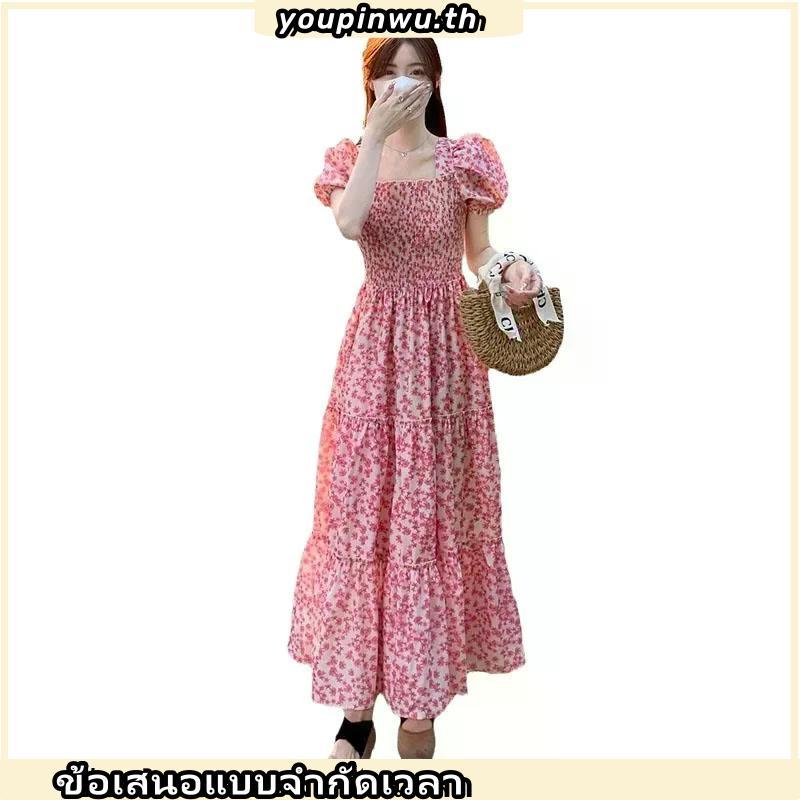 Gjcute ชุดเดรสยาว คอสี่เหลี่ยม พิมพ์ลายดอกไม้ สไตล์เรโทร สําหรับสตรี WTD