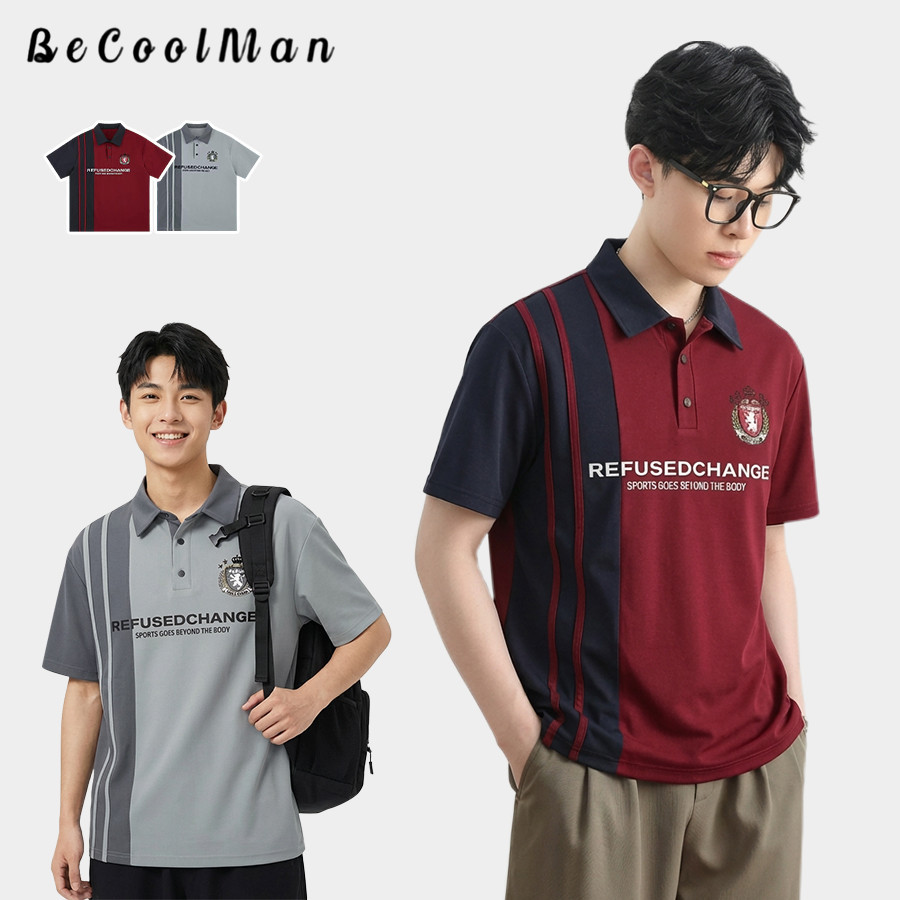 💥BecoolMan💥เสื้อโปโลผู้ชายสไตล์อเมริกันวินเทจ ทรงหลวม สไตล์สปอร์ตที่ทันสมัย พิมพ์ลายผสมสี เหมาะสำหรับชายและหญิง
