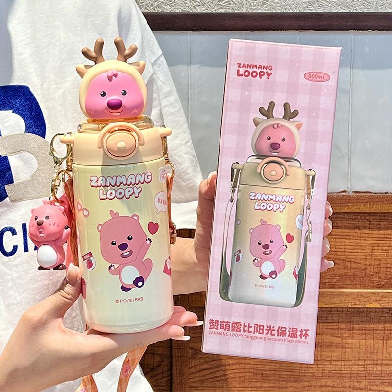แก้วชินจัง ชินจังไขลาน Loppy Ruby Thermos Cup Girls Stainless Steel Straw Water Bottle Kulomi Childr