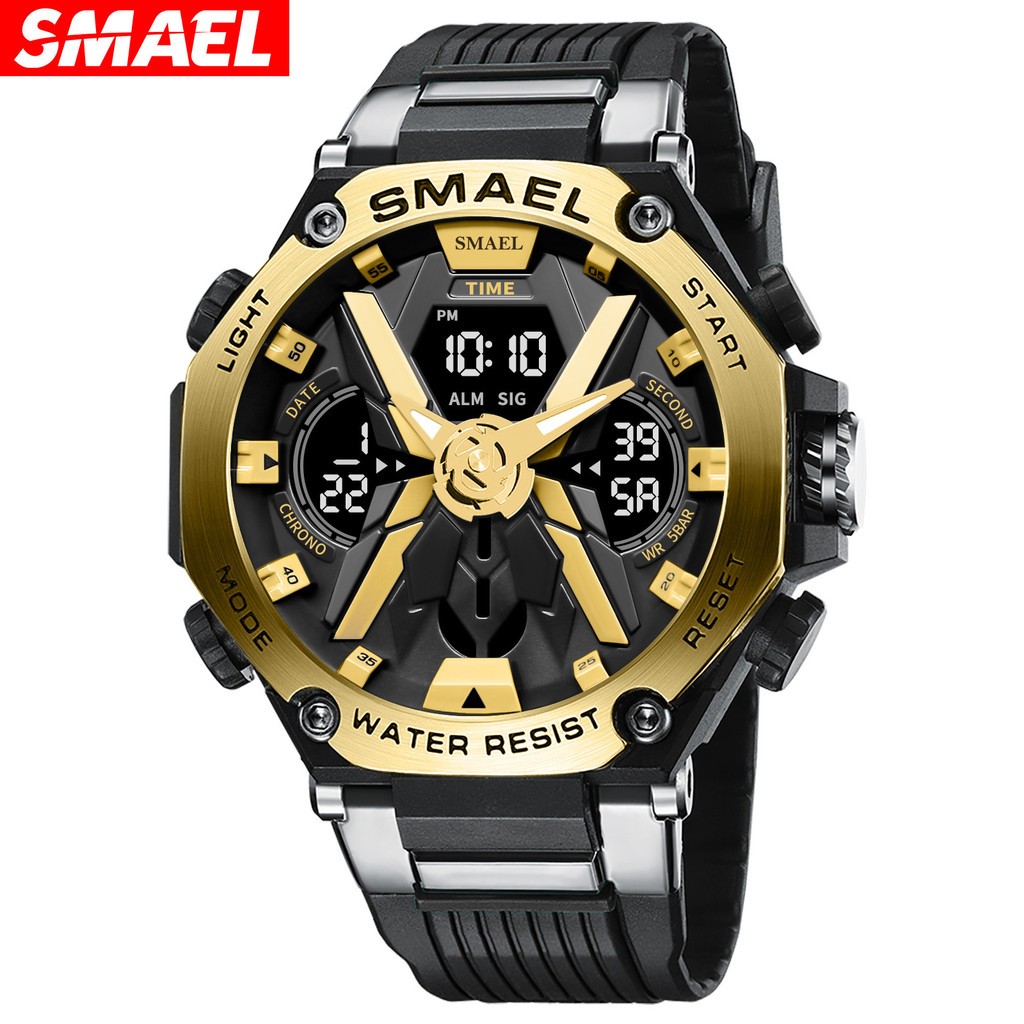 SMAEL Alloy Sports Men Quartz Watch Multi-Function Digital Dual Display Waterproof Luminous Outdoor 