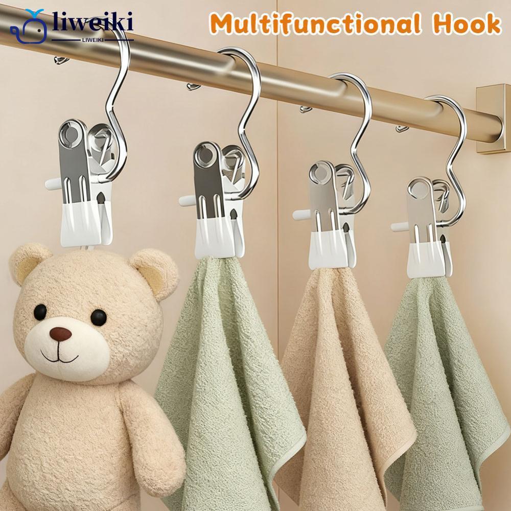 LIWEKI 10 ชิ้นสแตนเลสมัลติฟังก์ชั่คลิปเสื้อผ้าพร้อมตะขอแบบพกพาแขวน ไม้หนีบผ้า กางเกงเก็บ & คลิปอบแห้