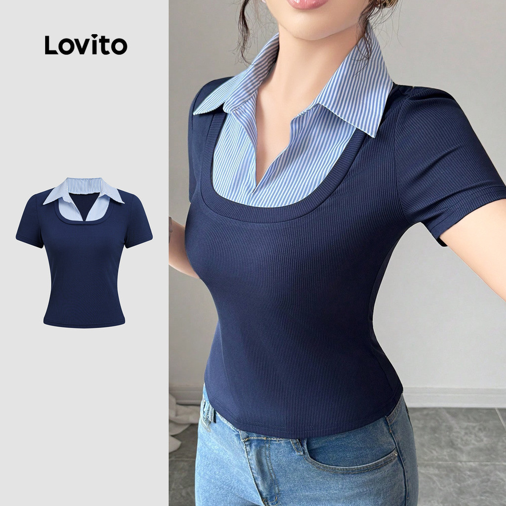 Lovito เสื้อยืดลําลองปลอม 2-in-1 บล็อกสีฤดูใบไม้ผลิ/ฤดูร้อนสําหรับผู้หญิง L171ED352