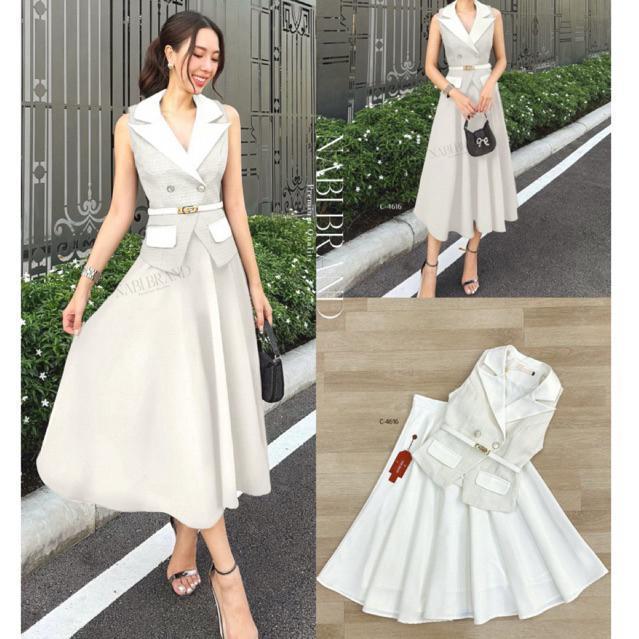 Shop_DD (พร้อมส่ง) Nabi127 Set 3 ชิ้น เสื้อผ้าทวิส+กระโปรง มีเข็มขัด DD