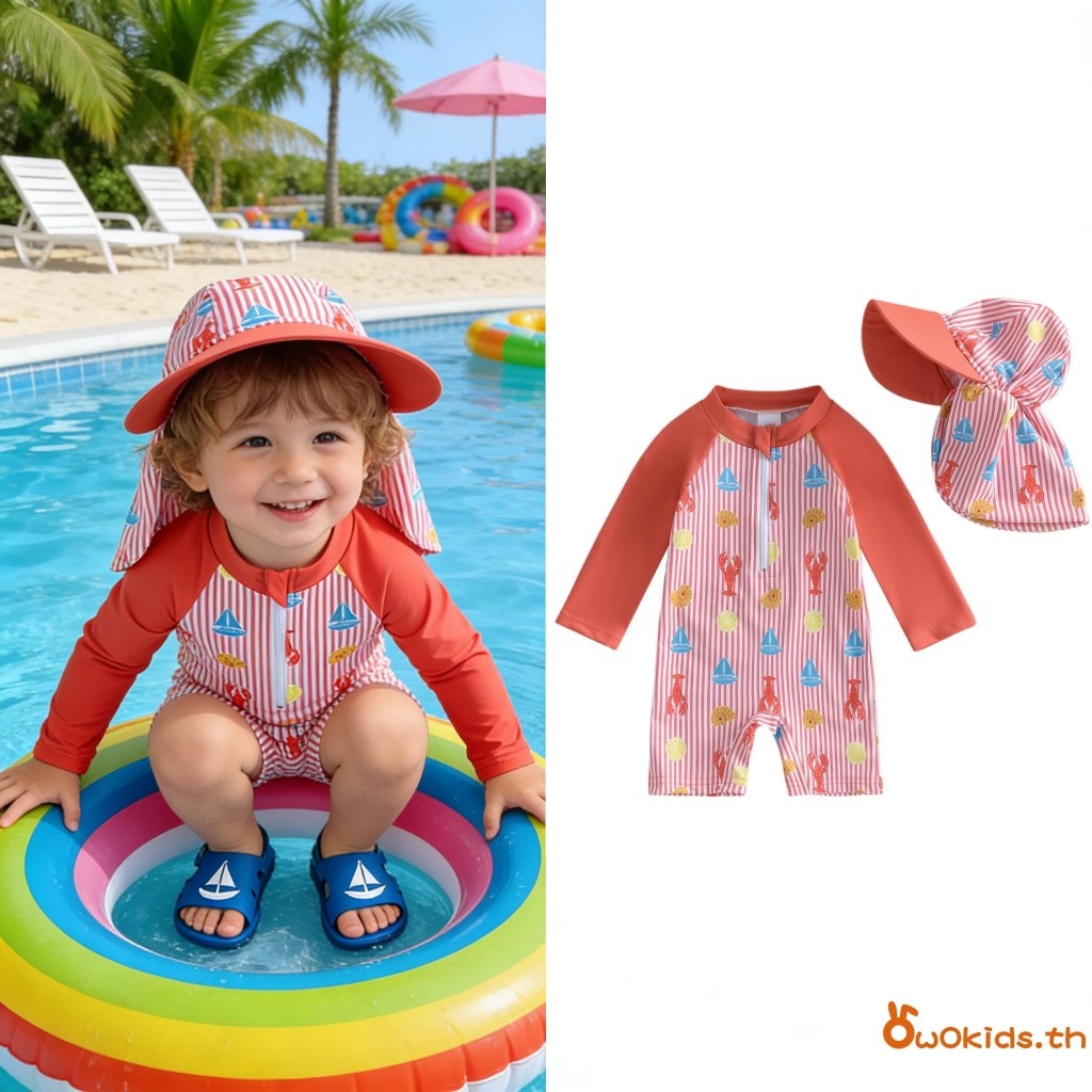 ชุดว่ายน้ำแขนยาวพร้อมหมวกสำหรับเด็กวัยหัดเดิน 0-3 ปี แบบพิมพ์ลายกุ้ง และด้านหน้าเปิดสำหรับเปลี่ยนผืน