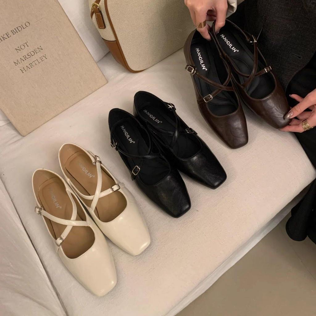 TT Sweet Square Toe Mary Jane รองเท้าผู้หญิงหัวเข็มขัดรองเท้าหนังบัลเล่ต์