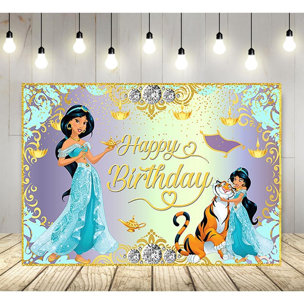 Blue Princess Jasmine ฉากหลังสําหรับอุปกรณ์งานเลี้ยงวันเกิด 5x3ft Aladdin Theme แบนเนอร์อาบน้ําเด็กส