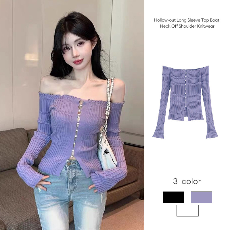 เสื้อถักคอเรือแขนยาวกลวงออกเซ็กซี่ปิดไหล่ JD