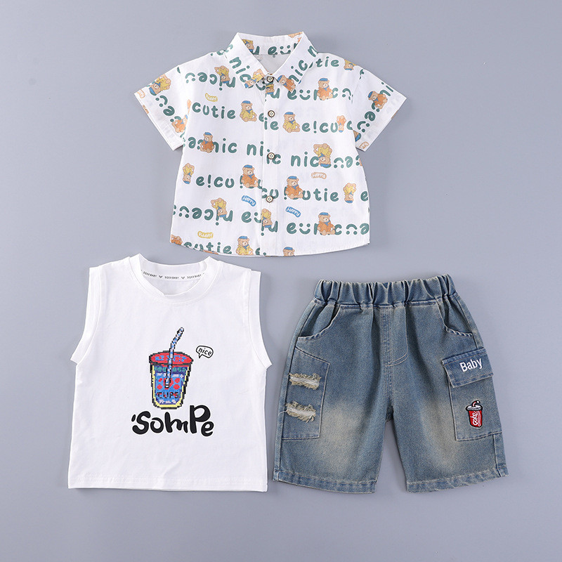 ชุดสูทสบายสำหรับเด็กปี 2026 เสื้อมีลายการ์ตูนหมีเต็มตัว + เสื้อกั๊กผ้าฝ้าย + ผ้ายีนส์สั้น ชุดสามชิ้น สำหรับทารกและเด็กวัยหัดเดิน ไซส์ 1-5 ปี - รูปที่ 3
