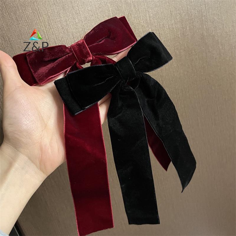 Z & P Vintage กํามะหยี่โบว์ Hairpins Barrettes สําหรับผู้หญิงสาวงานแต่งงานริบบิ้นยาวเกาหลี Hairgrip อุปกรณ์เสริมผม COD